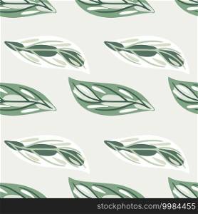 Light seamless pattern with pastel green contoured leaves shapes. White background. Doodle simple print. Designed for fabric design, textile print, wrapping, cover. Vector illustration. Light seamless pattern with pastel green contoured leaves shapes. White background. Doodle simple print.