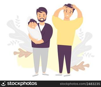 Light-skinned male couple with baby.Two sad and frightened men are holding a crying newborn. Vector illustration. LGBT family with newborn son. Fathers day - childcare, banner concept, website design