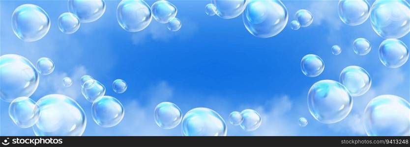 Light soap bubbles flying in blue sky. Abstract background with transparent iridescent balloons floating in air with soft white clouds, vector realistic illustration. Light soap bubbles flying in blue sky