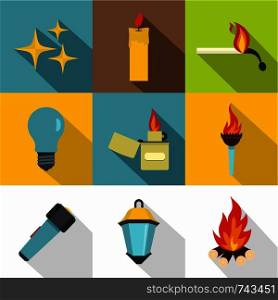 Light source icon set. Flat style set of 9 light source vector icons for web design. Light source icon set, flat style