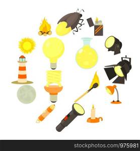 Light source icons set. Cartoon illustration of 16 light source items vector icons for web. Light source icons set, cartoon style