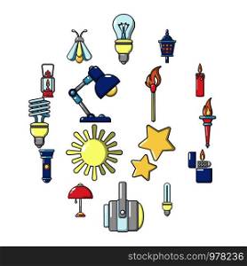 Light source icons set. Cartoon illustration of 16 light source vector icons for web. Light source icons set, cartoon style