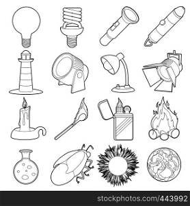 Light source icons set. Outline illustration of 16 light source items vector icons for web. Light source icons set, outline style