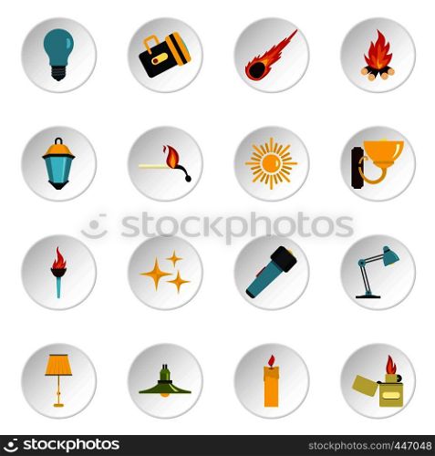 Light source symbols icons set in flat style isolated vector icons set illustration. Light source symbols icons set in flat style