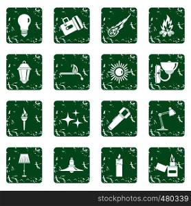 Light source symbols icons set in grunge style green isolated vector illustration. Light source symbols icons set grunge