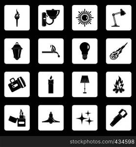 Light source symbols icons set in white squares on black background simple style vector illustration. Light source symbols icons set squares vector
