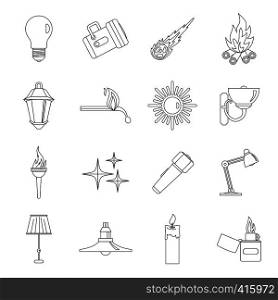 Light source symbols icons set. Outline illustration of 16 light source symbols items vector icons for web. Light source symbols icons set, outline style
