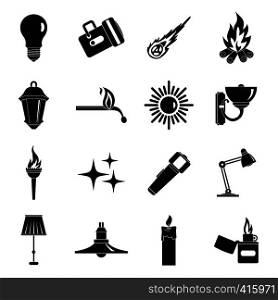 Light source symbols icons set. Simple illustration of 16 light source symbols items vector icons for web. Light source symbols icons set, simple style