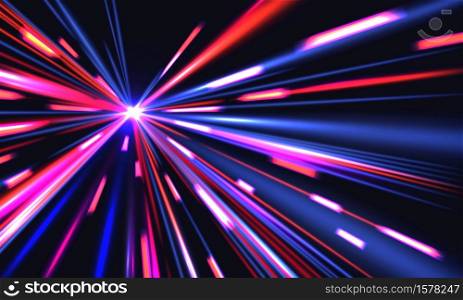 Light speed trails. Cyberpunk background with blurred motion city shine effect. Multiplicity of blue, red and violet straight rays on black. Vector backdrop of long exposure with dynamic flashlight. Light speed trails. Cyberpunk background with blurred motion city shine effect. Multiplicity of blue, red and violet straight rays on black. Vector backdrop of long exposure with flashlight