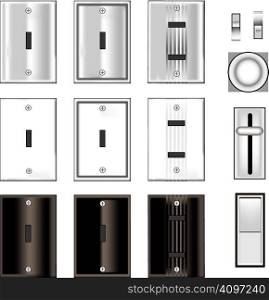 Light switches and faceplates with glossy black, white, and stainless steel texture - vector set