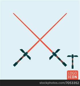 Light sword icon. Crossed lightsabers from wars of future, weapon futuristic star battle symbol. Vector illustration.. Light sword icon
