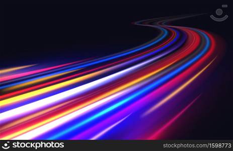 Light trails. Blurred car light motion effect, city road background with long exposure night lights with dynamic flashlight red and blue colors on black. Vector fast highway traffic trail background. Light trails. Blurred car light motion effect, city road background with long exposure night lights with dynamic flashlight on black. Vector fast highway traffic trail background