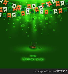 Light with blurred bokeh on dark green background for St.Patrick&rsquo;s Day,design with leprechaun hat,bunting,clovers and place for your text,vector illustration