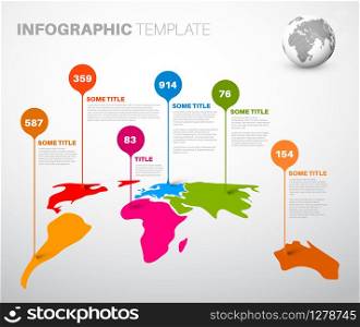 Light World map infographic template with droplet pointer marks