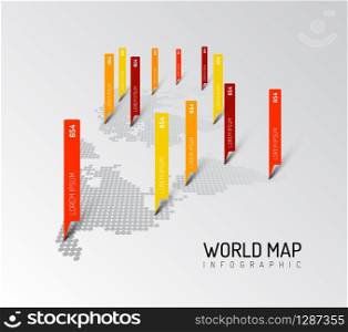 Light World map infographic template with long pointer marks. Light World map infographic template