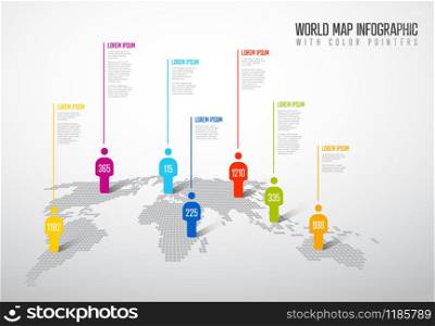 Light World map infographic template with people pins silhouettes. World map infographic