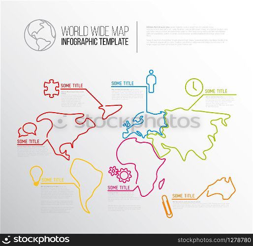 Light World map infographic template with pointer marks and icons