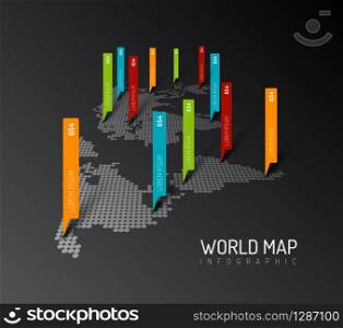 Light World map infographic template with pointer marks - dark version