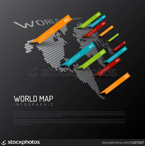 Light World map infographic template with pointer marks (diagonal on the dark wall version)
