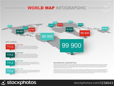 Light World map infographic template with pointer marks, legend and description