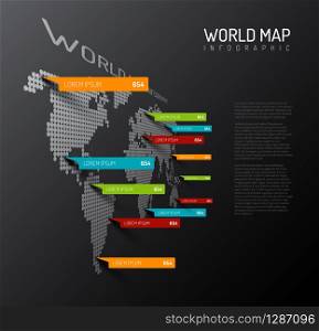 Light World map infographic template with pointer marks (vertical on the dark wall version)
