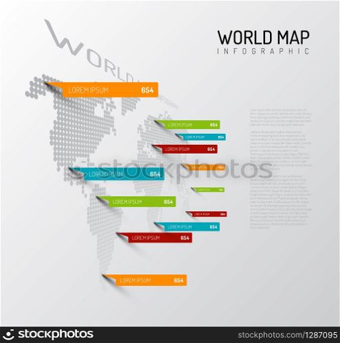 Light World map infographic template with pointer marks (vertical on the wall version)