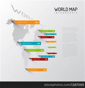 Light World map infographic template with pointer marks (vertical on the wall version)