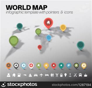 Light World map made by halftone effect with pointers marks and icons - light version