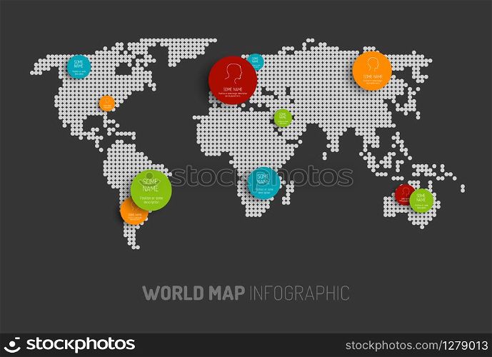 Light World map with pointer marks - communication concept, dark version