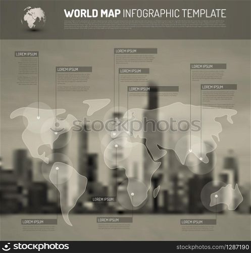 Light World map with pointer marks (flags) - communication concept, with city blurred background