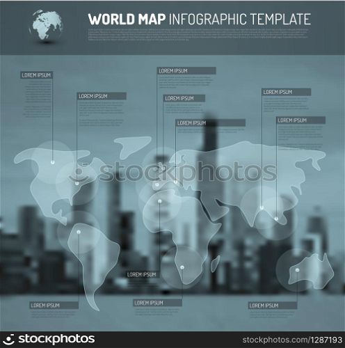 Light World map with pointer marks (flags) - communication concept, with city blurred background - blue version