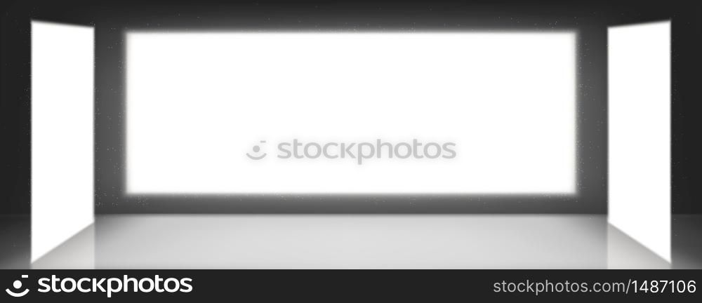 Lightbox screen, tv or cinema blank television monitors on dark wall background. White glowing LCD displays, advertising billboard for video displaying, empty plasma panels realistic 3d vector mock up. Lightbox screen, tv or cinema television monitors