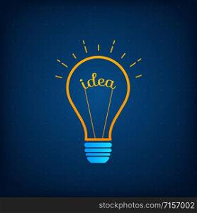 Lightbulb creative idea and brainstorm concept vector illustration. Innovation think process graphic with orange outline and blue silhouette bulb with light, word Idea and technology background. Lightbulb creative idea and brainstorm concept
