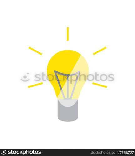 Lightbulb glowing yellow icon, lamp symbol of light, creating new idea. Simple bright glass bulb, colorful illuminated element with lines flat vector. Lightbulb Glowing Yellow Icon, Illuminated Vector