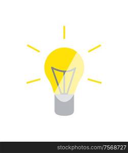 Lightbulb glowing yellow icon, lamp symbol of light, creating new idea. Simple bright glass bulb, colorful illuminated element with lines flat vector. Lightbulb Glowing Yellow Icon, Illuminated Vector