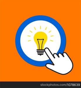 Lightbulb icon. Idea, solution concept. Hand Mouse Cursor Clicks the Button. Pointer Push Press