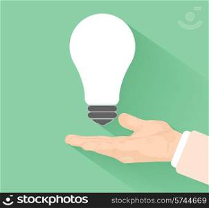 Lightbulb idea concept with hand at flat design and long shadow