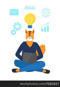 Lightbulb idea vector, freelancer using laptop hipster animal working on computer typing info. Message envelope and globe icon, cogwheel and infochart. Freelancer Hipster Animal with Laptop and Bulb