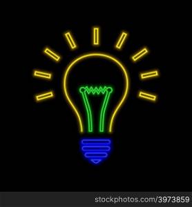 Lightbulb neon sign. Bright glowing symbol on a black background. Neon style icon.