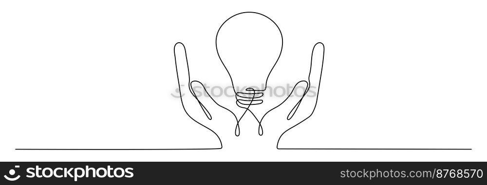 Lightbulb on hand one continuous line drawing. Electric l&. Brainstorm linear symbol. Vector isolated on white.. Lightbulb on hand one continuous line drawing.