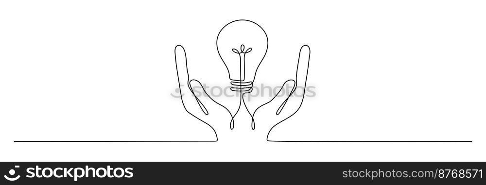 Lightbulb on hand one continuous line drawing. Electric l&. Brainstorm linear symbol. Vector isolated on white.. Lightbulb on hand one continuous line drawing.