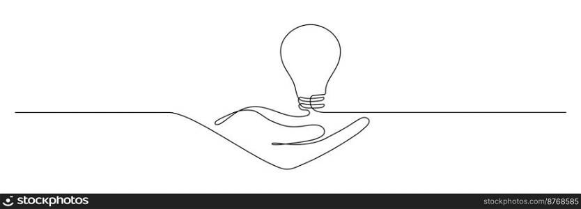 Lightbulb on hand one continuous line drawing. Electric lamp. Brainstorm linear symbol. Vector isolated on white.. Lightbulb on hand one continuous line drawing.
