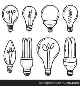 Lightbulb set, hand drawing doodle. Collection of lamps, vector illustration. Bulbs of different shapes and sizes, a source of electricity.. Lightbulb set, hand drawing doodle.