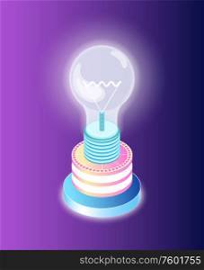 Lightbulb symbol of creating ideas, startup sign, invention element for decoration, business concept and inspiration, bulb isolated on purple vector. Business Startup, Lightbulb Creative Idea Vector