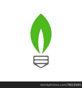 Lightbulb with green tree leaf isolated logo. Vector renewable saving energy sources of light. Energy saving lamp with green plant