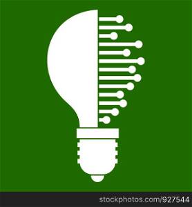 Lightbulb with microcircuit icon white isolated on green background. Vector illustration. Lightbulb with microcircuit icon green
