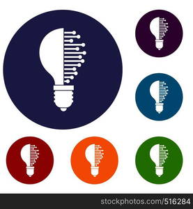 Lightbulb with microcircuit icons set in flat circle red, blue and green color for web. Lightbulb with microcircuit icons set