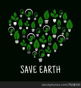 Lightbulbs like leafs in screw in shape of heart. Idea of saving nature and ecological environment, care about energy consumption.. Lightbulbs like leafs in shape of heart