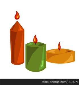 Lighted aromatic candles of long and thin round shapes made of colored wax with small flames for relaxation and healthy spa procedures isolated cartoon flat vector illustration on white background.. Lighted candles made of wax with small flames