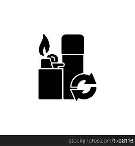 Lighter refill black glyph icon. Propane and gas filling. Domestic lighting tool. Reusable product to reduce carbon print on environment. Silhouette symbol on white space. Vector isolated illustration. Lighter refill black glyph icon